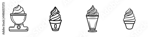 Different styles of soft serve ice cream served in various containers including cups and cones