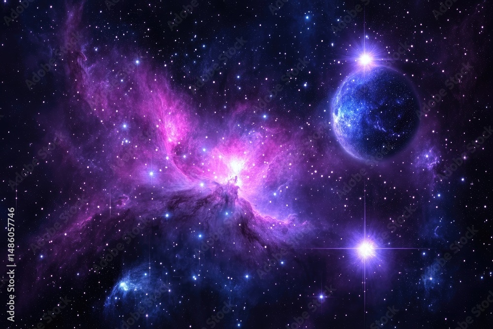 Obraz premium Cosmic Nebula with Distant Planet