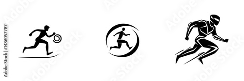 Dynamic vector illustrations depicting athletes engaged in running and disc activities in a minimalist style