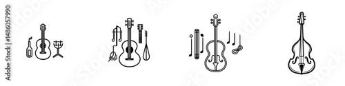 Vector illustration icons featuring various musical instruments and accessories in a minimalist style for creative projects