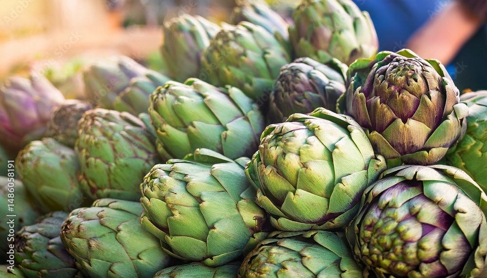 Fototapeta premium Close-up of fresh organic artichokes displayed at a local weekend market, showing texture, natural color, and freshness of seasonal vegetables.