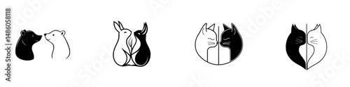 Vector illustration icons depicting various animal pairings representing love and companionship in minimalist style