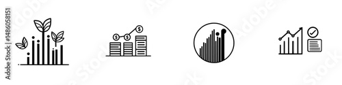 Vector illustration icons representing growth, investment, and data analytics in financial and environmental contexts