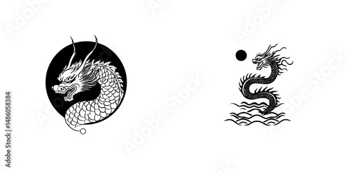 Vector illustrations of traditional dragons showcasing Asian cultural symbolism and mythology in a minimalist black and white design