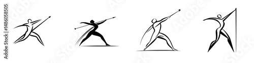 Various athletic figures performing javelin throw in dynamic poses illustrating strength and skill