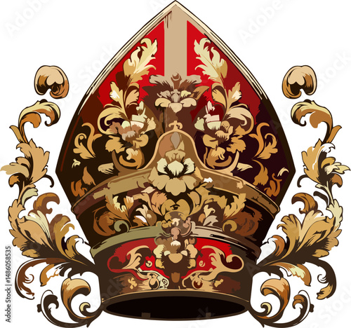 Luxurious Baroque Papal Mitre with Golden Floral Ornament on Red Background – Catholic Bishop Hat Vector Illustration