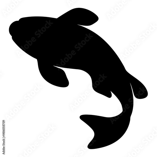 Black silhouette of a koi fish swimming upwards in graceful motion