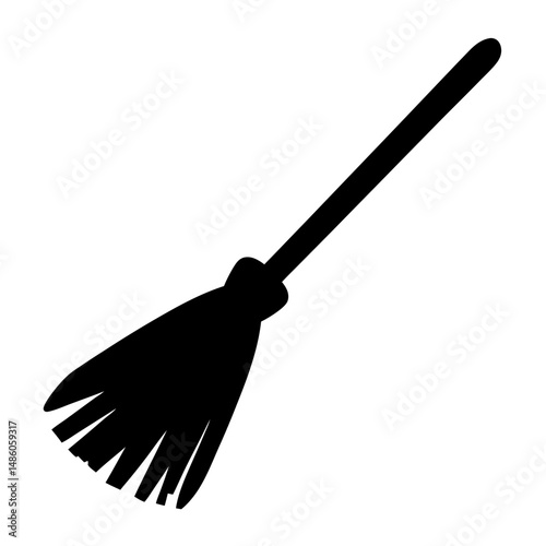 A whimsical black and white image of a witch's broomstick silhouette