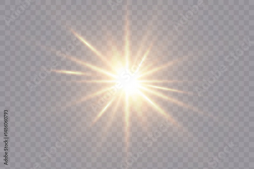 Abstract golden light effect with glare and particle explosion effect on transparent background. Vector 10 EPS