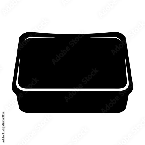 A minimalist black and white image of a rectangular plastic container