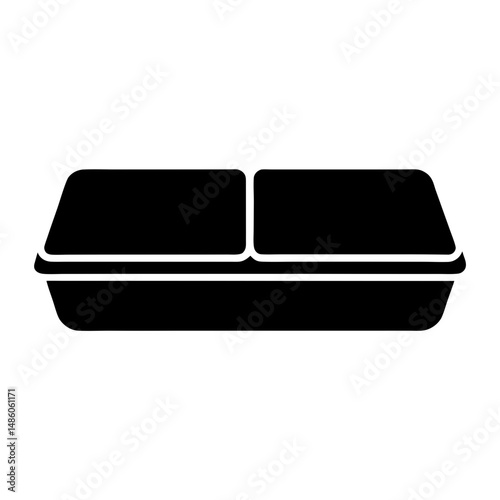 Black silhouette of a two compartment disposable food container on white
