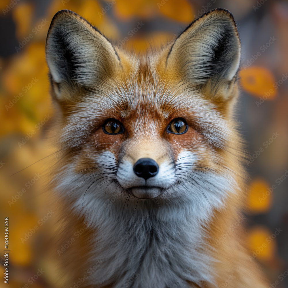 Fototapeta premium Close up of a red fox against a yellow background.