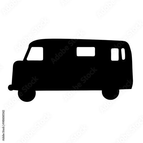 Solid Black Silhouette of a Vintage Style Van with Round Wheels