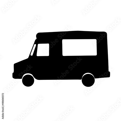 Silhouette of a food truck van with two wheels and windows