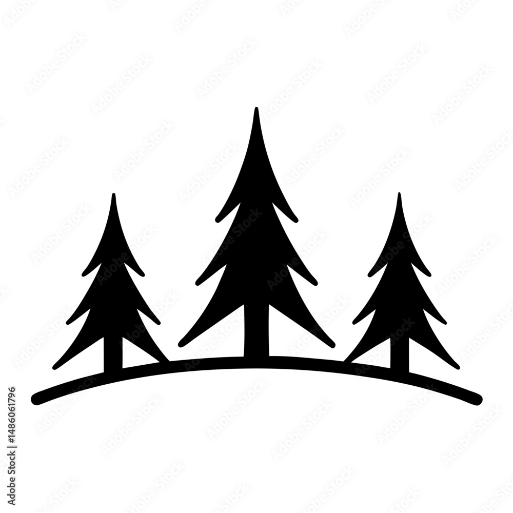 Obraz premium Three pine trees silhouettes arranged on a small hill in black and white