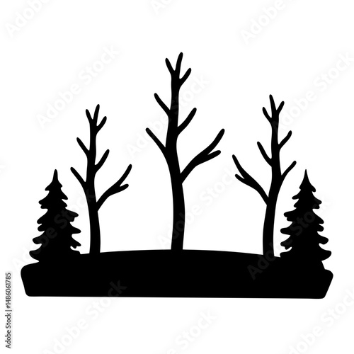 Monochrome winter landscape featuring bare trees and evergreen trees on a ground