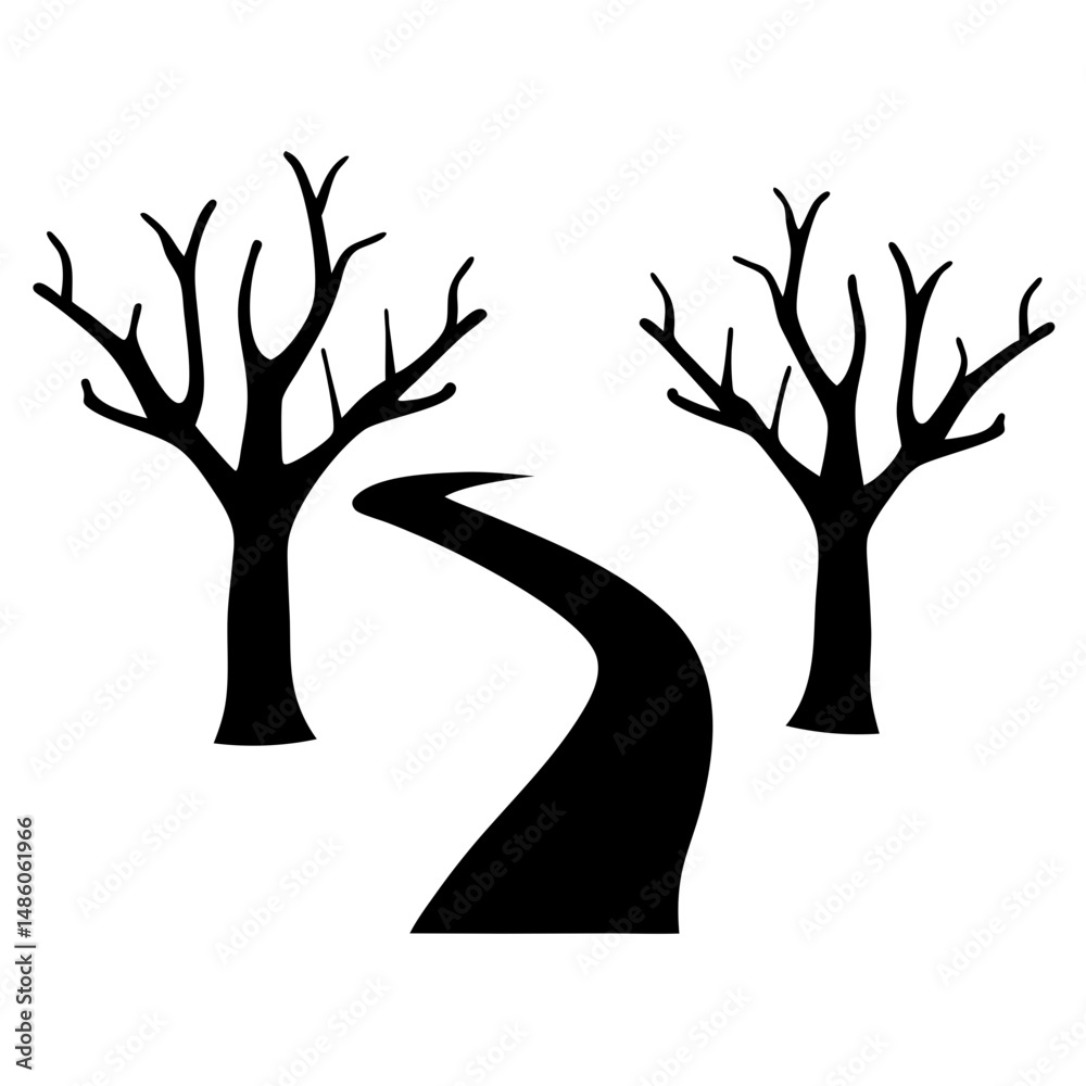 Fototapeta premium Monochrome landscape illustration featuring a winding path between two barren trees