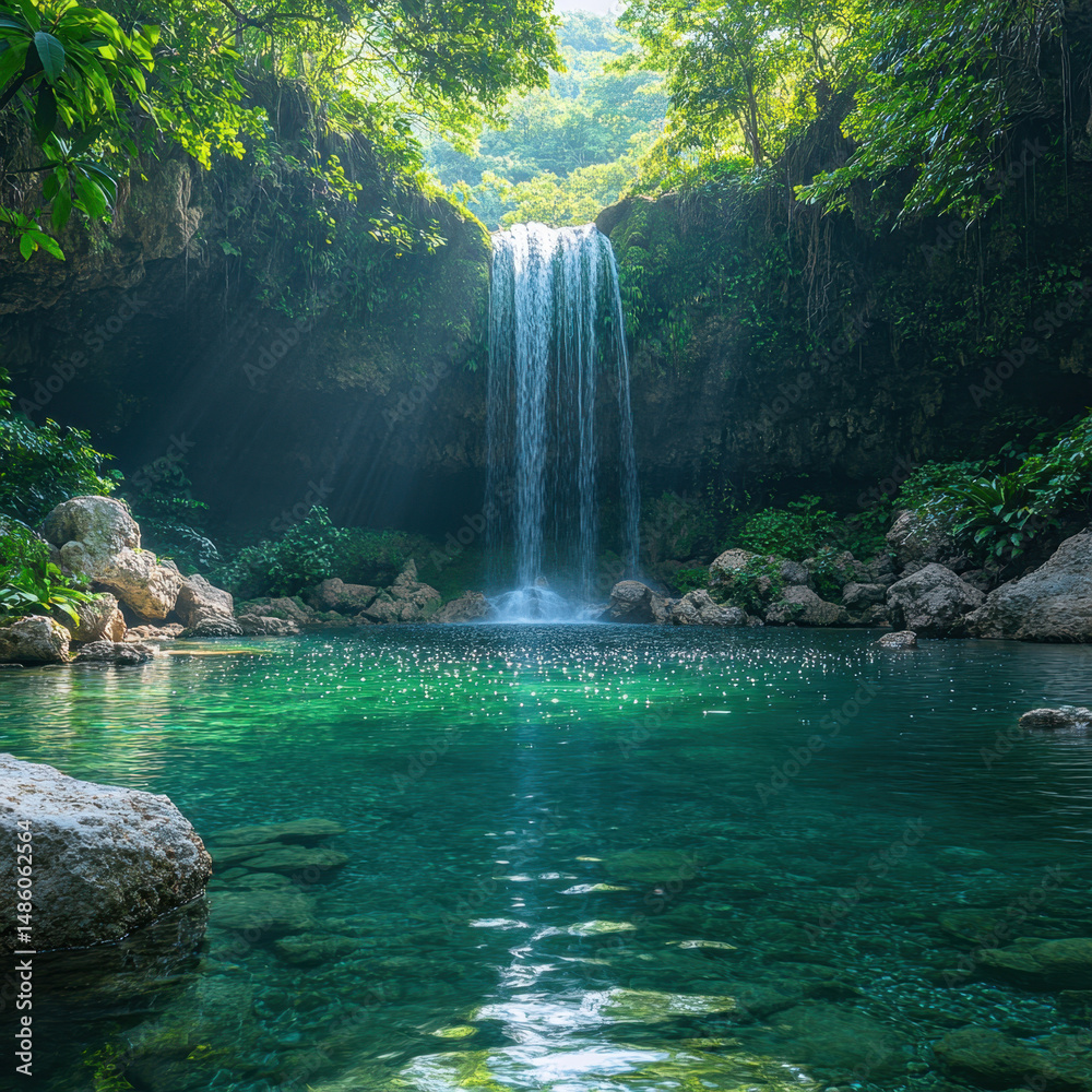 Naklejka premium A cascading waterfall in the jungle.