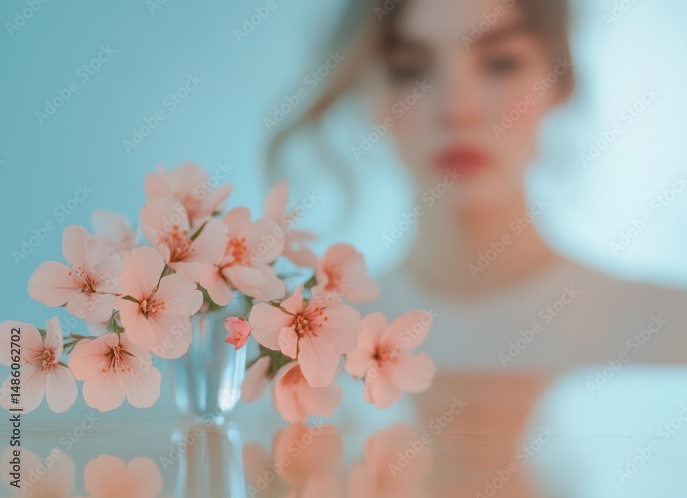 Naklejka premium Delicate pink blossoms in a glass vase, reflected on a surface, with a blurred woman in the background.