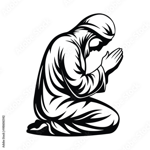 Kneeling Man in Robe, Hands Clasped, Black and White Silhouette Image, Religion Concept