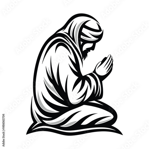 Black and White Muslim Man Kneeling Praying with Head Covering, Religious Icon Design