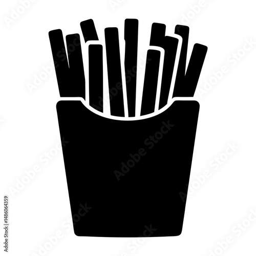 Silhouette of golden French fries in a paper container on white background
