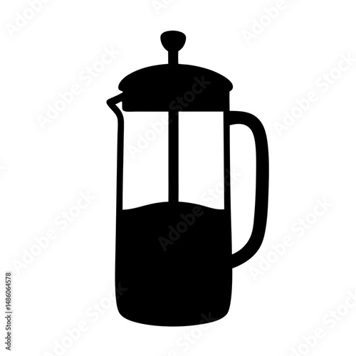 A black silhouette of a French press coffee maker with liquid inside