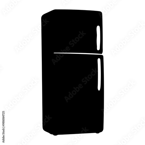 Stylized black and white drawing of a refrigerator with a freezer on top
