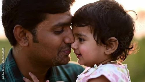 Father Holding Daughter Outdoors at Sunset
