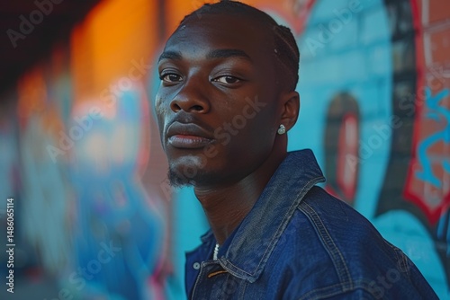 urban fashion shoot with diverse model in denim jacket, graffiti wall, realistic style, warm sunset lighting, vibrant blue and orange tones, angled composition