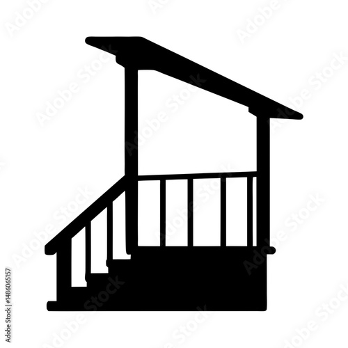 Black silhouette of porch with railing, stairs, and roof covering the top