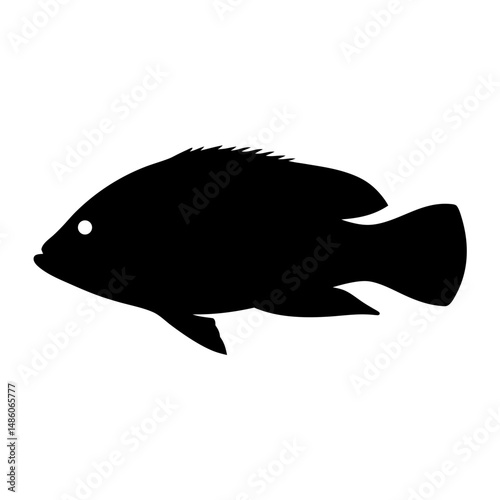 Black silhouette illustration of a freshwater fish swimming against white background