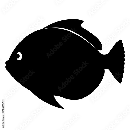 A solid black fish in profile, swimming to the right side