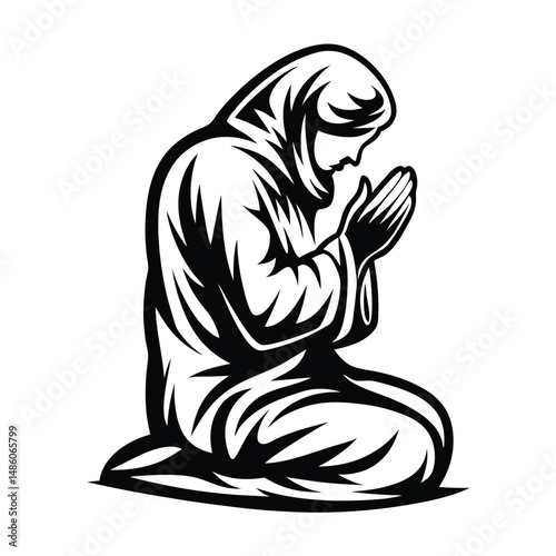 Muslim Woman Praying Silhouette, Kneeling in Supplication, Religious Observance, Black and White