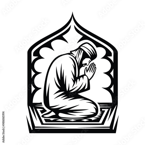 Silhouette of Muslim Man Kneeling in Supplication on Rug, Isolated on White, Arch Border