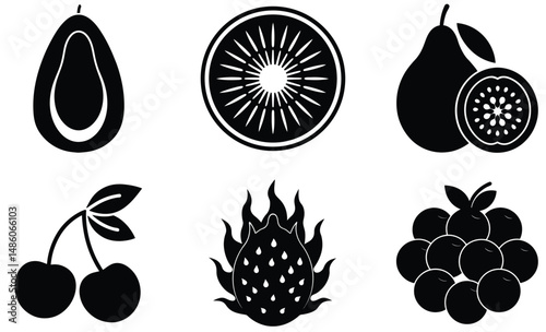 Tropical & Exotic Fruits Combo Set Silhouette – Vector Illustration of Diverse Organic Shapes for Healthy Food, Botanical, Summer, and Culinary Design Projects