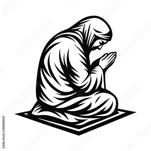 Muslim Woman Kneeling on Rug, Headscarf, Hands Raised, Black & White Silhouette, Religious
