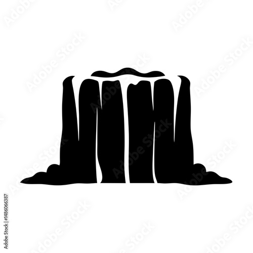 Black silhouette of a waterfall cascading down a rocky cliff edge