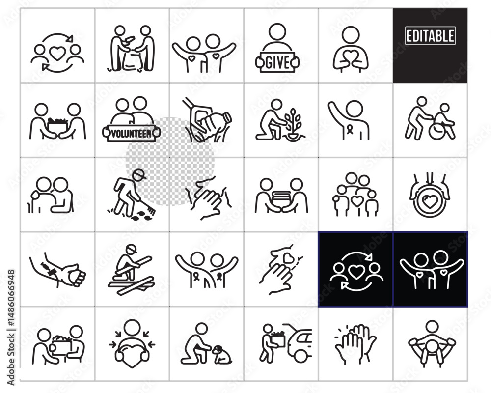 Fototapeta premium Editable Volunteers And Volunteering Thin Line Icons Symbol Volunteer Community Community Outreach Homelessness Editable Stroke People Cleaning Poverty Child Support A Helping Hand