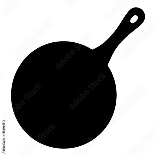 Black silhouette of a frying pan with handle and hanging hole on white
