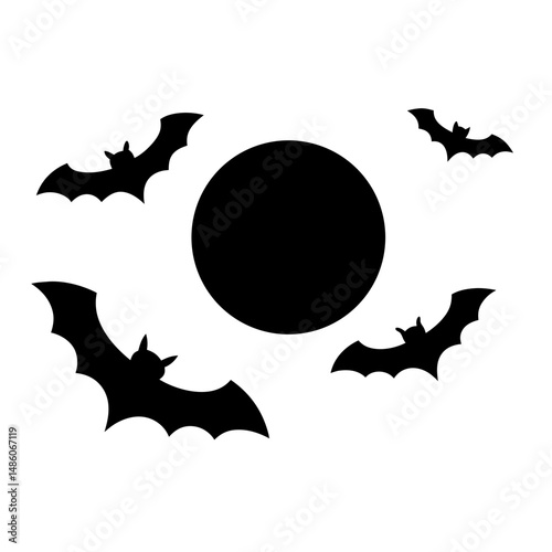 A spooky Halloween scene with bats silhouetted against a full moon