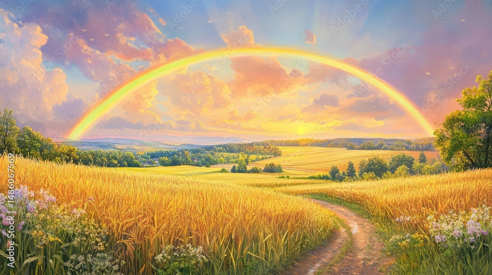 Naklejka premium A vibrant rainbow arches over golden cornfields at sunset, casting warm light and dramatic shadows across the rural landscape
