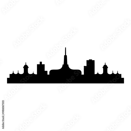 Dramatic cityscape silhouette with iconic structures and architectural detail in black