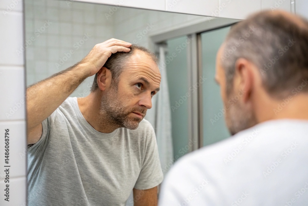 Obraz premium Middle aged caucasian white man with a short beard looks at his hair in the mirror in the bathroom and worried about balding.