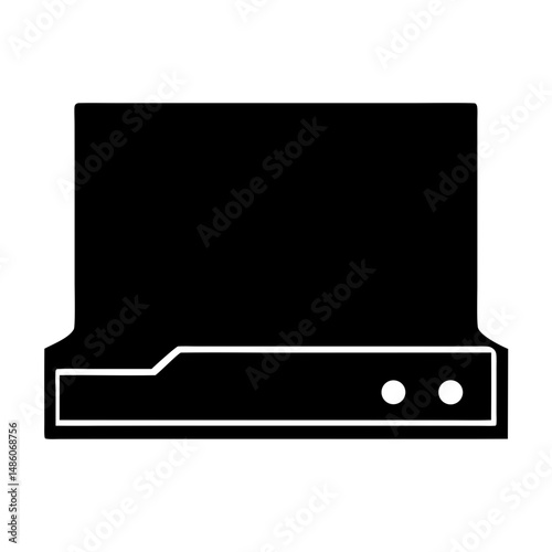 Stylized illustration of a vintage computer system display unit, black silhouette