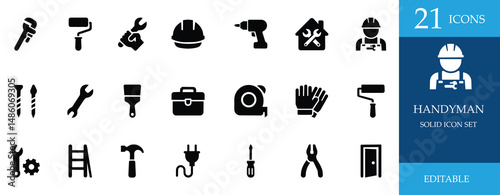 A professional handyman icon set with tools like wrench, drill, hammer, gloves, paint roller, screwdriver, ladder, and more. Perfect for repair, DIY, maintenance, and construction themes
