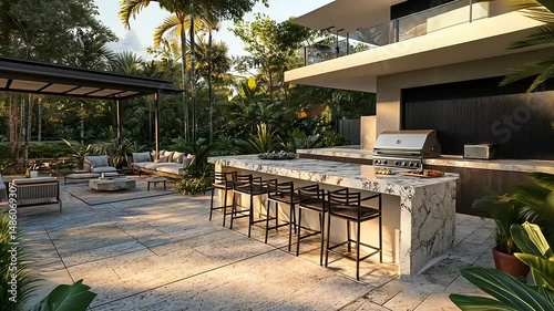 Modern outdoor kitchen with marble countertops and seating, surrounded by lush tropical plants and a patio