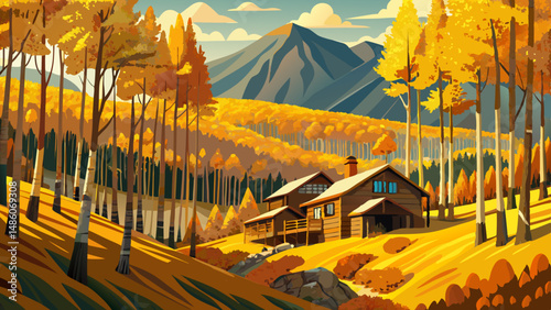Aspen, Colorado (Autumn)
Hillside forests of golden aspen shimmer under clear skies, with rustic cabins nestled in nature’s embrace.