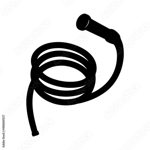 Stylized black and white image of a coiled hose with nozzle