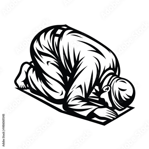 Muslim Man Prostrating Black Silhouette, Traditional Headdress, Isolated White Background